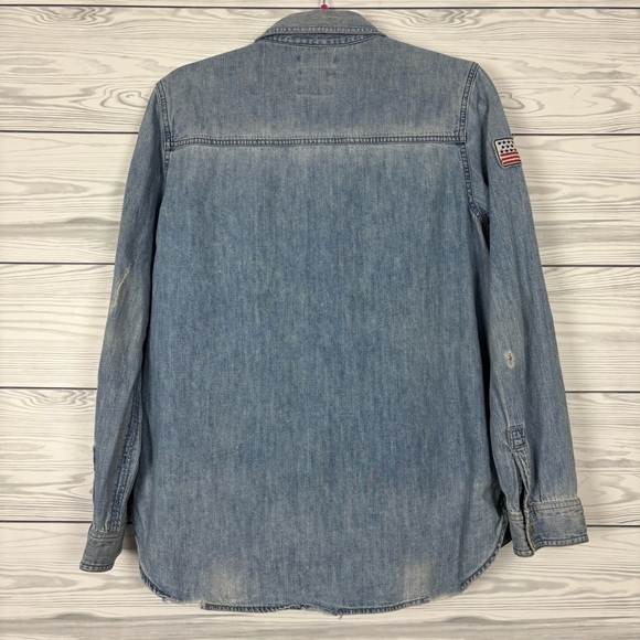 American Eagle Vintage Patchwork Denim Long Sleeve Button Down Shirt Medium - Picture 12 of 16